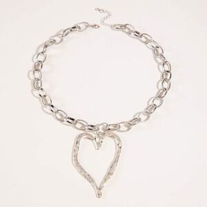 Silver Chunky Chain Necklace Large Hammered Open Heart Pendant Statement Jewelry